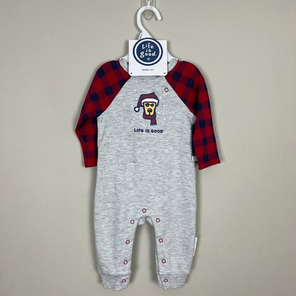 Life Is Good Romper Bodysuit Baby Boys 3-6 Month Plaid Snap Hat Holiday Dog New - Picture 12 of 12